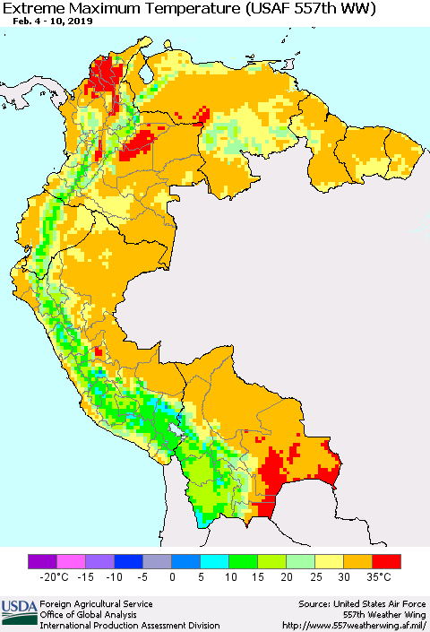 Northern South America Maximum Daily Temperature (USAF 557th WW) Thematic Map For 2/4/2019 - 2/10/2019