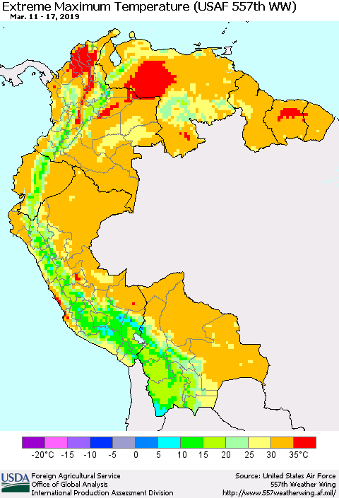 Northern South America Maximum Daily Temperature (USAF 557th WW) Thematic Map For 3/11/2019 - 3/17/2019