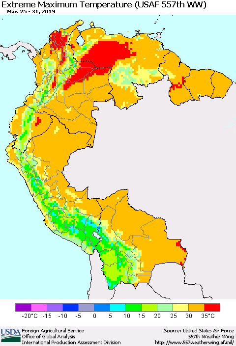 Northern South America Maximum Daily Temperature (USAF 557th WW) Thematic Map For 3/25/2019 - 3/31/2019