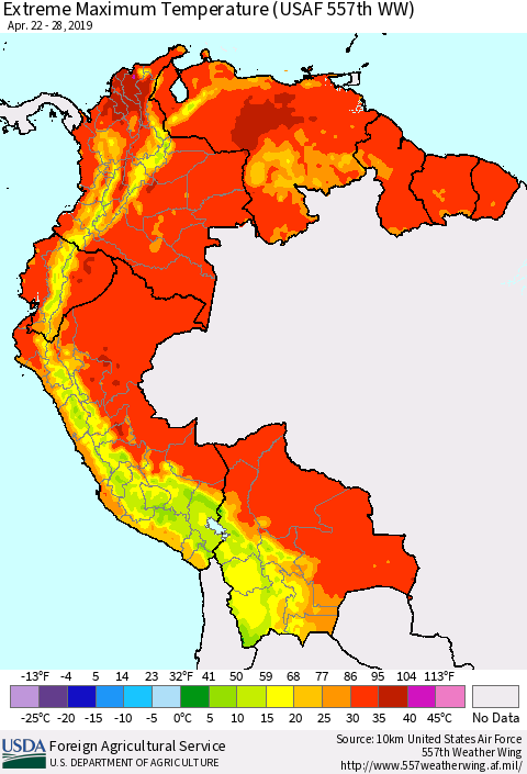 Northern South America Maximum Daily Temperature (USAF 557th WW) Thematic Map For 4/22/2019 - 4/28/2019