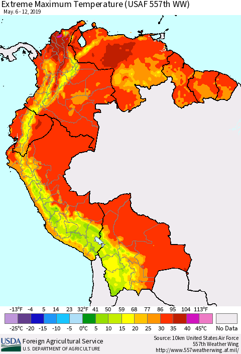 Northern South America Maximum Daily Temperature (USAF 557th WW) Thematic Map For 5/6/2019 - 5/12/2019