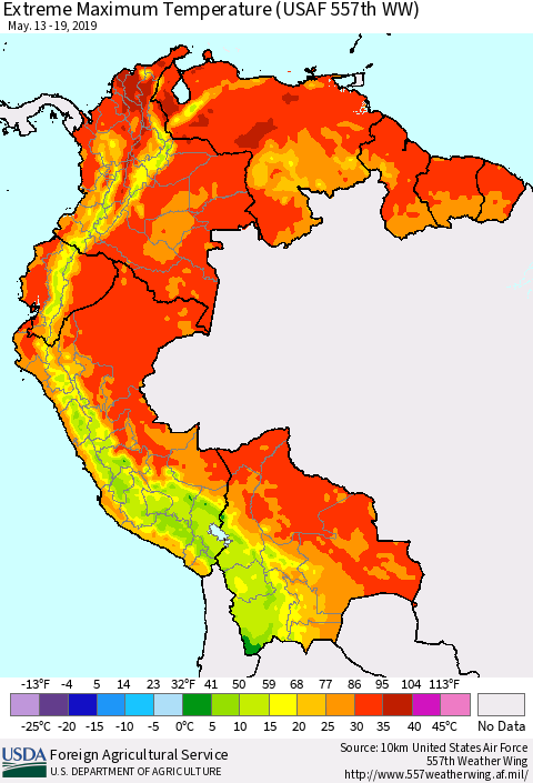 Northern South America Maximum Daily Temperature (USAF 557th WW) Thematic Map For 5/13/2019 - 5/19/2019