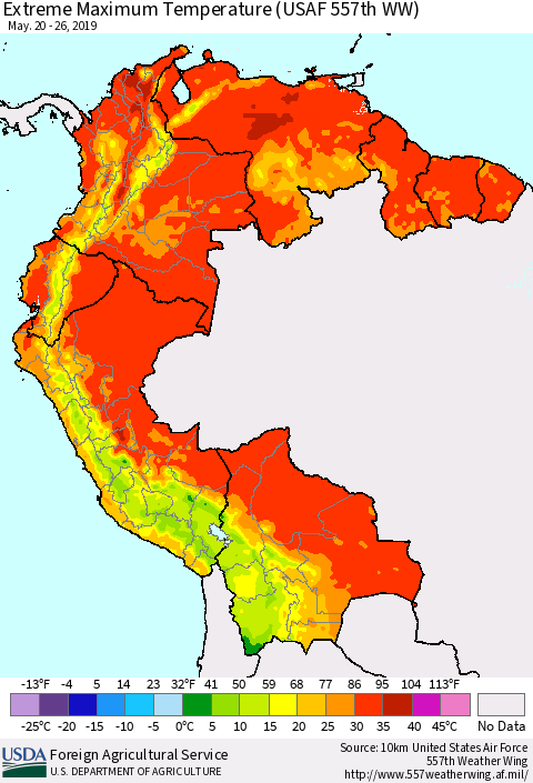 Northern South America Maximum Daily Temperature (USAF 557th WW) Thematic Map For 5/20/2019 - 5/26/2019