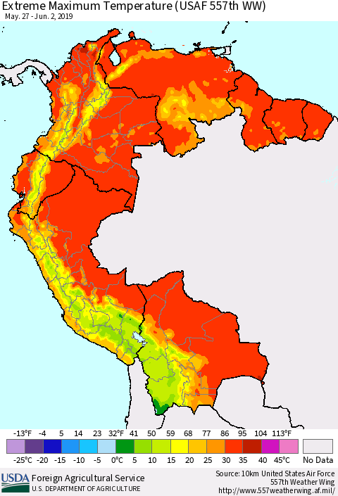 Northern South America Maximum Daily Temperature (USAF 557th WW) Thematic Map For 5/27/2019 - 6/2/2019