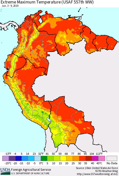 Northern South America Maximum Daily Temperature (USAF 557th WW) Thematic Map For 6/3/2019 - 6/9/2019