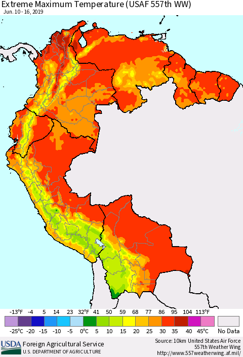 Northern South America Maximum Daily Temperature (USAF 557th WW) Thematic Map For 6/10/2019 - 6/16/2019