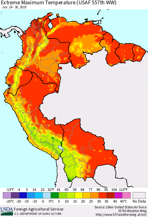 Northern South America Maximum Daily Temperature (USAF 557th WW) Thematic Map For 6/24/2019 - 6/30/2019