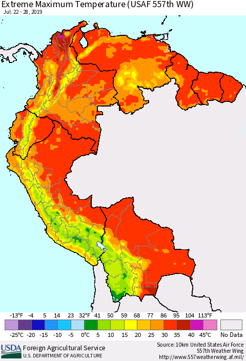 Northern South America Maximum Daily Temperature (USAF 557th WW) Thematic Map For 7/22/2019 - 7/28/2019