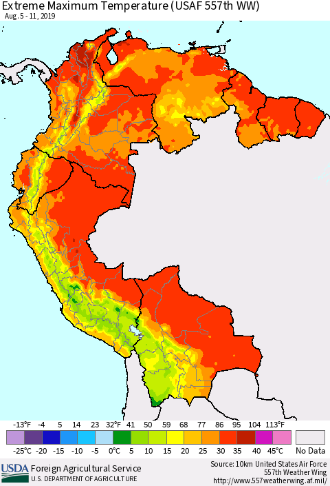 Northern South America Maximum Daily Temperature (USAF 557th WW) Thematic Map For 8/5/2019 - 8/11/2019