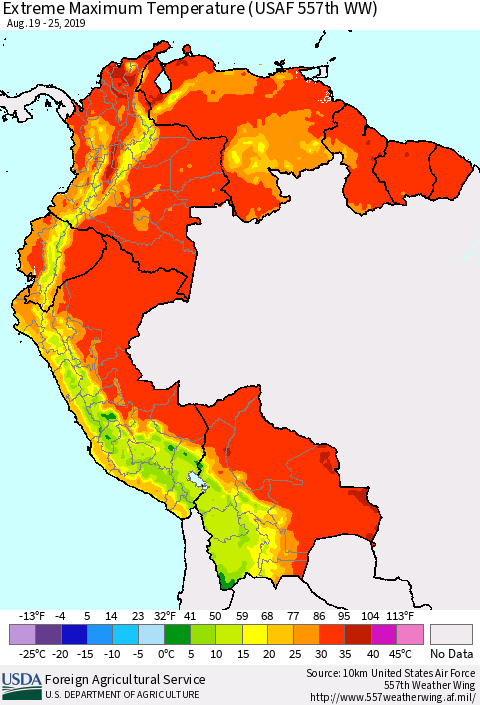 Northern South America Maximum Daily Temperature (USAF 557th WW) Thematic Map For 8/19/2019 - 8/25/2019