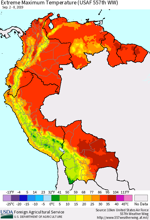 Northern South America Maximum Daily Temperature (USAF 557th WW) Thematic Map For 9/2/2019 - 9/8/2019