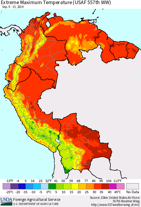 Northern South America Maximum Daily Temperature (USAF 557th WW) Thematic Map For 9/9/2019 - 9/15/2019