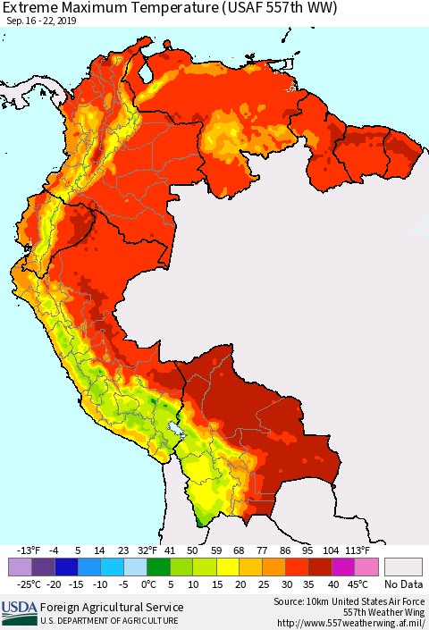 Northern South America Maximum Daily Temperature (USAF 557th WW) Thematic Map For 9/16/2019 - 9/22/2019