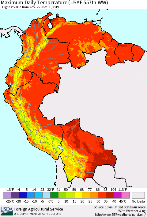 Northern South America Maximum Daily Temperature (USAF 557th WW) Thematic Map For 11/25/2019 - 12/1/2019