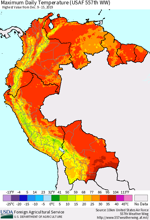 Northern South America Maximum Daily Temperature (USAF 557th WW) Thematic Map For 12/9/2019 - 12/15/2019