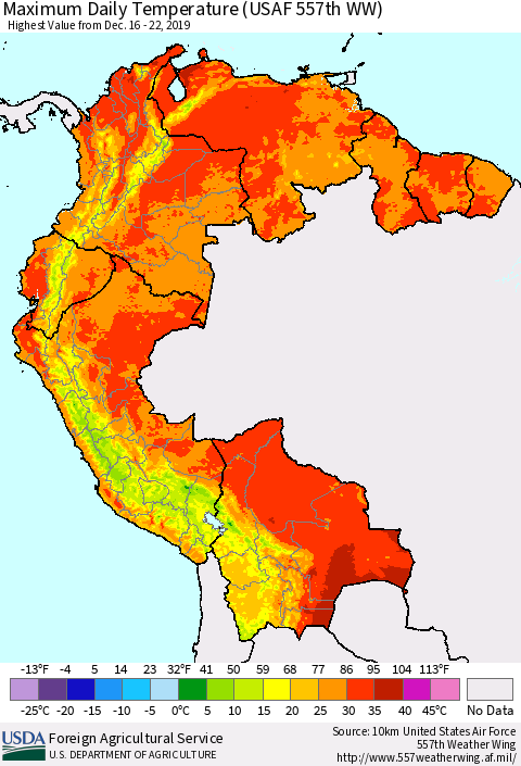 Northern South America Maximum Daily Temperature (USAF 557th WW) Thematic Map For 12/16/2019 - 12/22/2019
