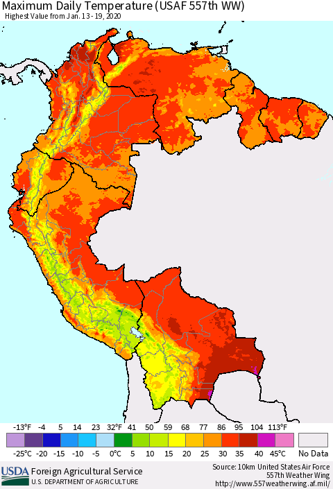 Northern South America Maximum Daily Temperature (USAF 557th WW) Thematic Map For 1/13/2020 - 1/19/2020