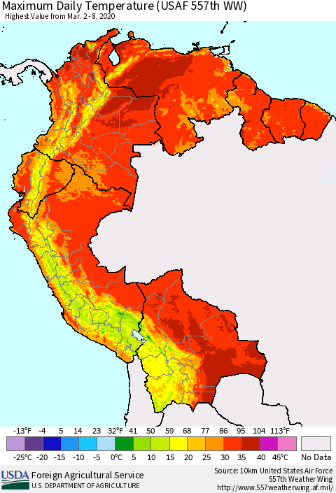 Northern South America Maximum Daily Temperature (USAF 557th WW) Thematic Map For 3/2/2020 - 3/8/2020