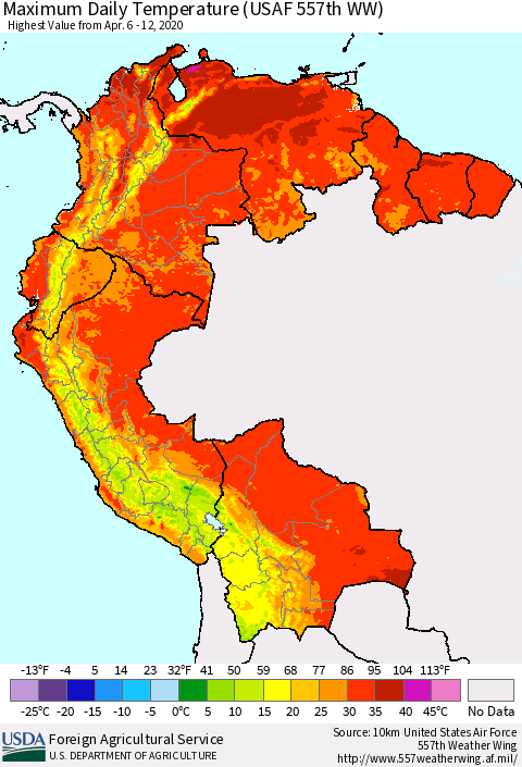 Northern South America Maximum Daily Temperature (USAF 557th WW) Thematic Map For 4/6/2020 - 4/12/2020