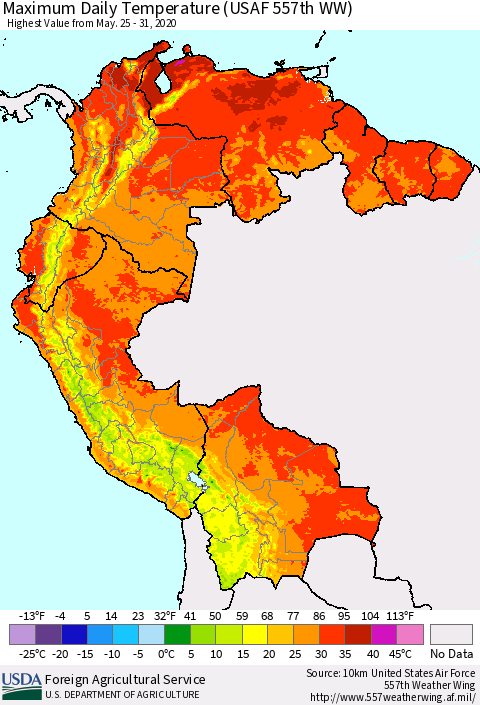 Northern South America Extreme Maximum Temperature (USAF 557th WW) Thematic Map For 5/25/2020 - 5/31/2020