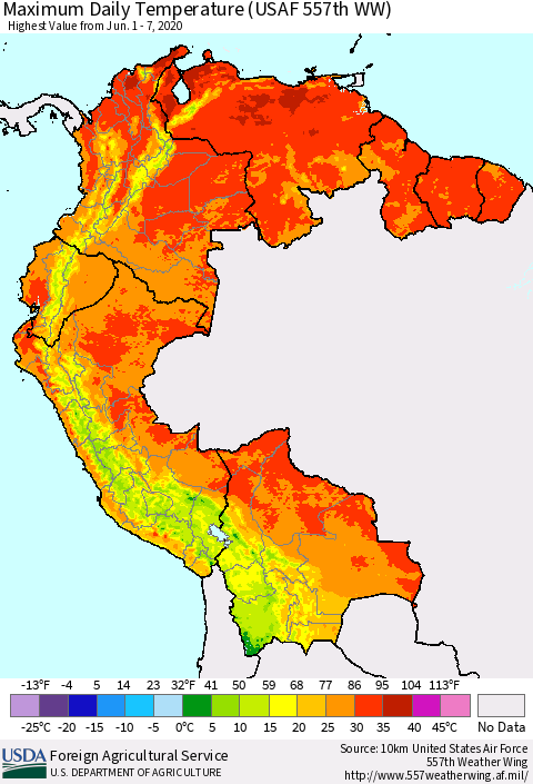 Northern South America Extreme Maximum Temperature (USAF 557th WW) Thematic Map For 6/1/2020 - 6/7/2020