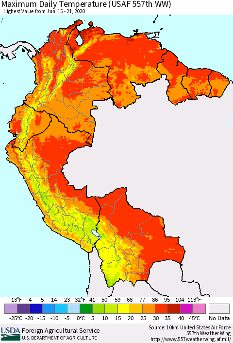 Northern South America Extreme Maximum Temperature (USAF 557th WW) Thematic Map For 6/15/2020 - 6/21/2020