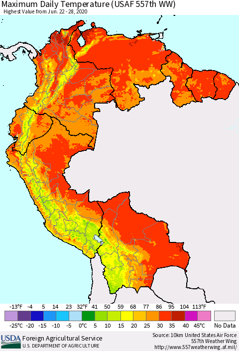 Northern South America Extreme Maximum Temperature (USAF 557th WW) Thematic Map For 6/22/2020 - 6/28/2020