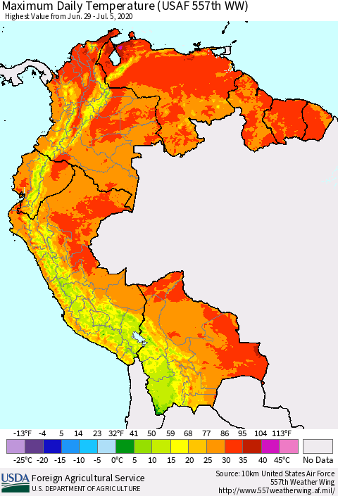 Northern South America Maximum Daily Temperature (USAF 557th WW) Thematic Map For 6/29/2020 - 7/5/2020