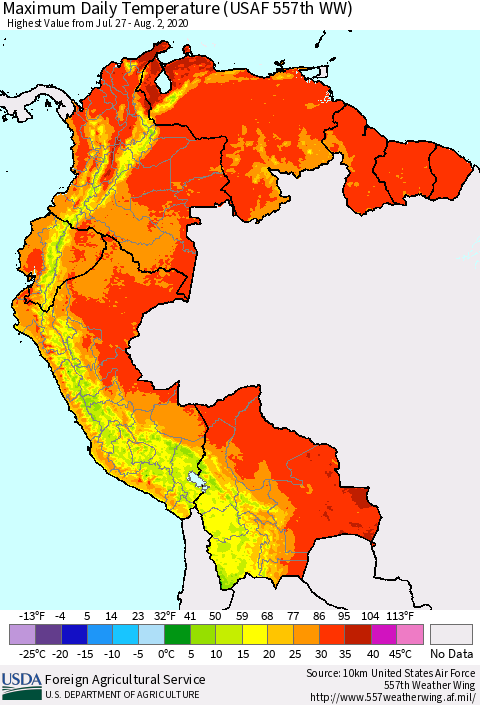 Northern South America Extreme Maximum Temperature (USAF 557th WW) Thematic Map For 7/27/2020 - 8/2/2020