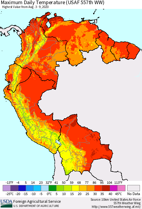 Northern South America Maximum Daily Temperature (USAF 557th WW) Thematic Map For 8/3/2020 - 8/9/2020