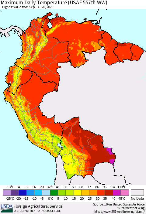 Northern South America Maximum Daily Temperature (USAF 557th WW) Thematic Map For 9/14/2020 - 9/20/2020