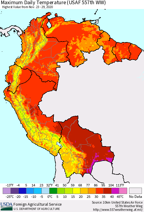 Northern South America Maximum Daily Temperature (USAF 557th WW) Thematic Map For 11/23/2020 - 11/29/2020