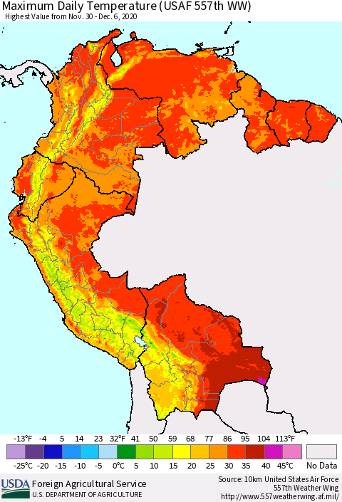 Northern South America Maximum Daily Temperature (USAF 557th WW) Thematic Map For 11/30/2020 - 12/6/2020