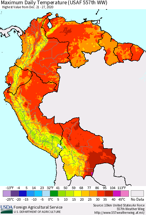Northern South America Maximum Daily Temperature (USAF 557th WW) Thematic Map For 12/21/2020 - 12/27/2020