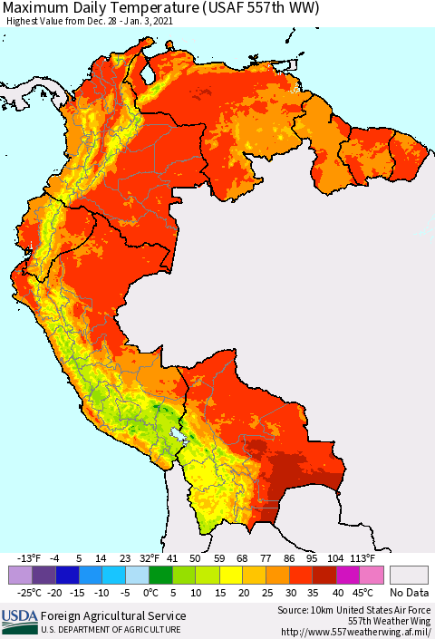 Northern South America Maximum Daily Temperature (USAF 557th WW) Thematic Map For 12/28/2020 - 1/3/2021