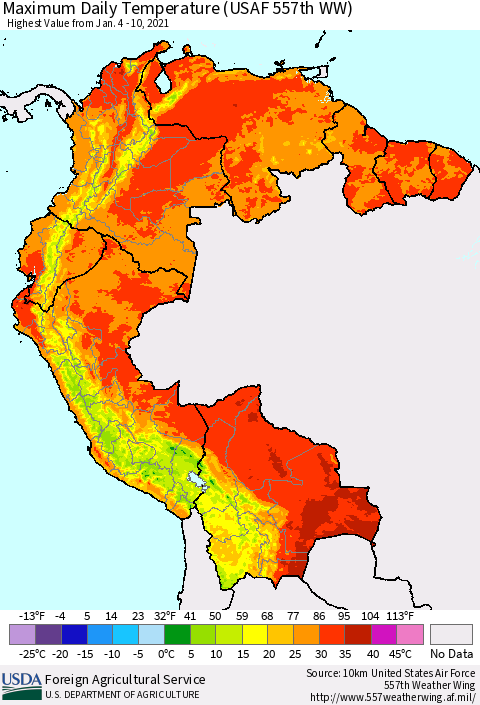 Northern South America Maximum Daily Temperature (USAF 557th WW) Thematic Map For 1/4/2021 - 1/10/2021