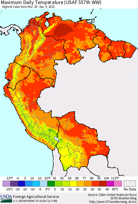Northern South America Maximum Daily Temperature (USAF 557th WW) Thematic Map For 3/29/2021 - 4/4/2021
