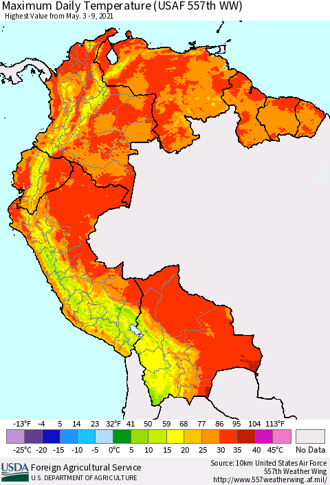 Northern South America Maximum Daily Temperature (USAF 557th WW) Thematic Map For 5/3/2021 - 5/9/2021