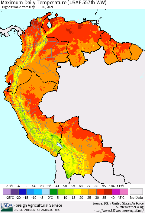 Northern South America Maximum Daily Temperature (USAF 557th WW) Thematic Map For 5/10/2021 - 5/16/2021