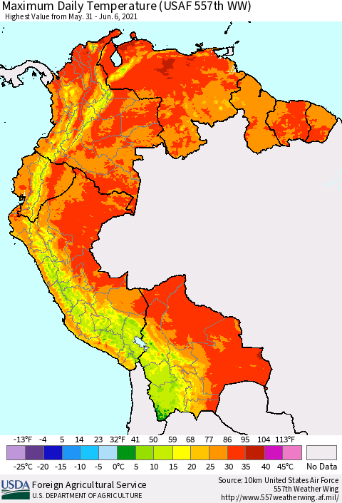 Northern South America Maximum Daily Temperature (USAF 557th WW) Thematic Map For 5/31/2021 - 6/6/2021