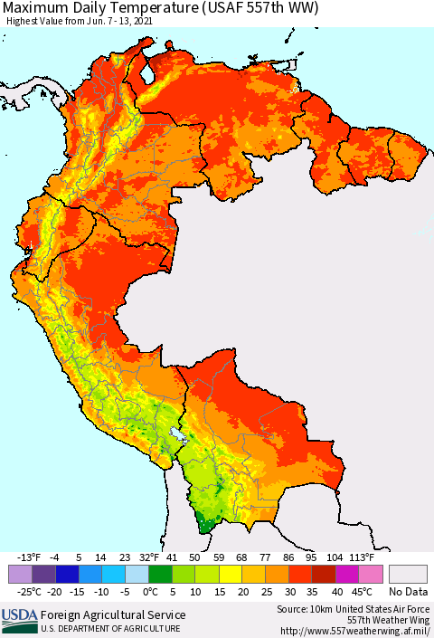 Northern South America Maximum Daily Temperature (USAF 557th WW) Thematic Map For 6/7/2021 - 6/13/2021