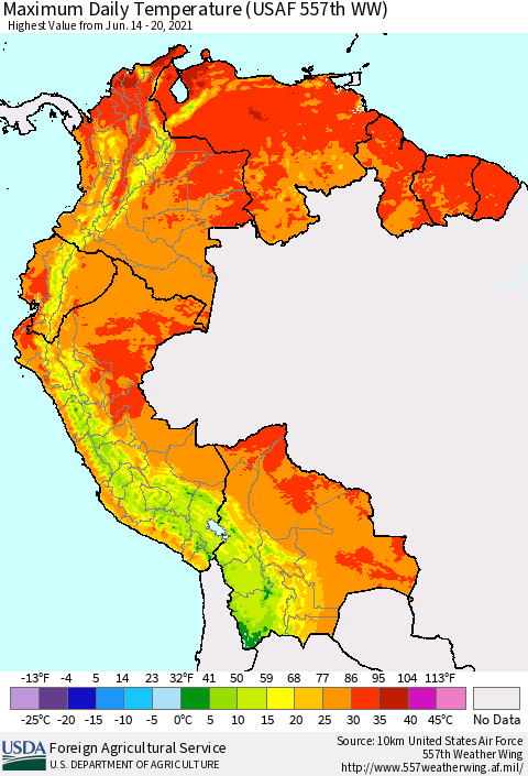 Northern South America Maximum Daily Temperature (USAF 557th WW) Thematic Map For 6/14/2021 - 6/20/2021