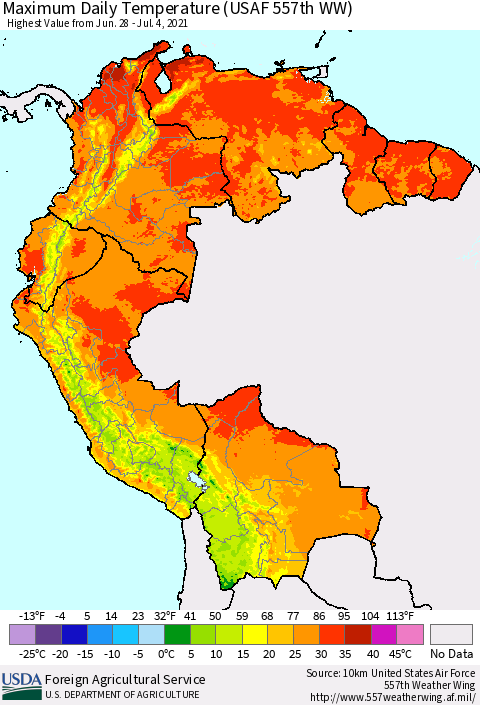Northern South America Maximum Daily Temperature (USAF 557th WW) Thematic Map For 6/28/2021 - 7/4/2021