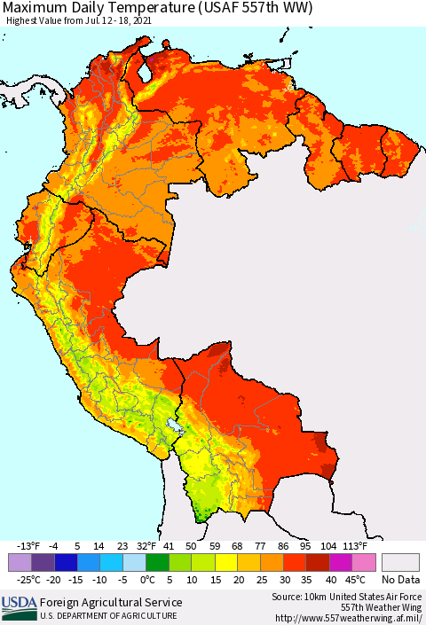 Northern South America Maximum Daily Temperature (USAF 557th WW) Thematic Map For 7/12/2021 - 7/18/2021