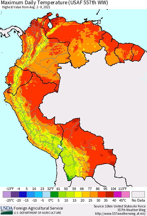 Northern South America Maximum Daily Temperature (USAF 557th WW) Thematic Map For 8/2/2021 - 8/8/2021