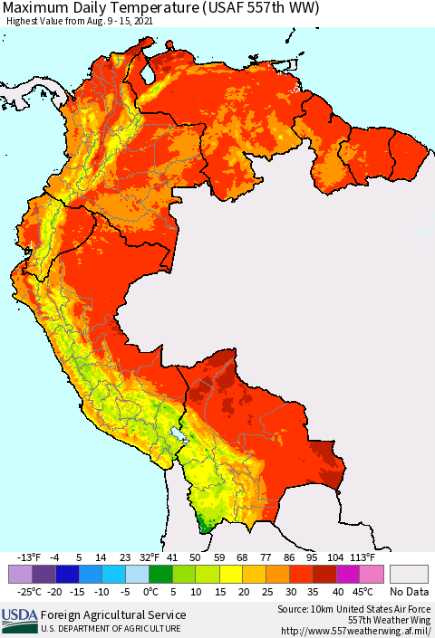 Northern South America Maximum Daily Temperature (USAF 557th WW) Thematic Map For 8/9/2021 - 8/15/2021