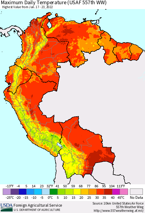Northern South America Maximum Daily Temperature (USAF 557th WW) Thematic Map For 1/17/2022 - 1/23/2022