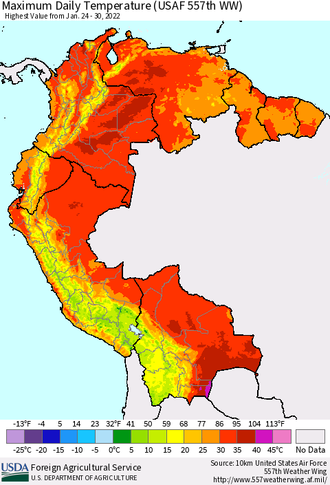 Northern South America Maximum Daily Temperature (USAF 557th WW) Thematic Map For 1/24/2022 - 1/30/2022