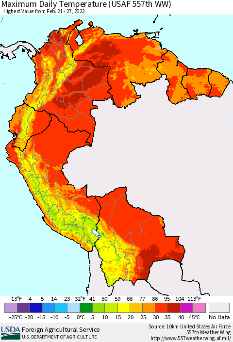 Northern South America Maximum Daily Temperature (USAF 557th WW) Thematic Map For 2/21/2022 - 2/27/2022