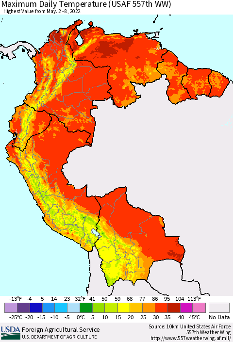 Northern South America Extreme Maximum Temperature (USAF 557th WW) Thematic Map For 5/2/2022 - 5/8/2022
